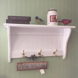 White Wood Coat Rack With Brass Hooks Country Wall Shelf - thumbnail 1