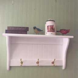 White Wood Coat Rack With Brass Hooks Country Wall Shelf - thumbnail 2