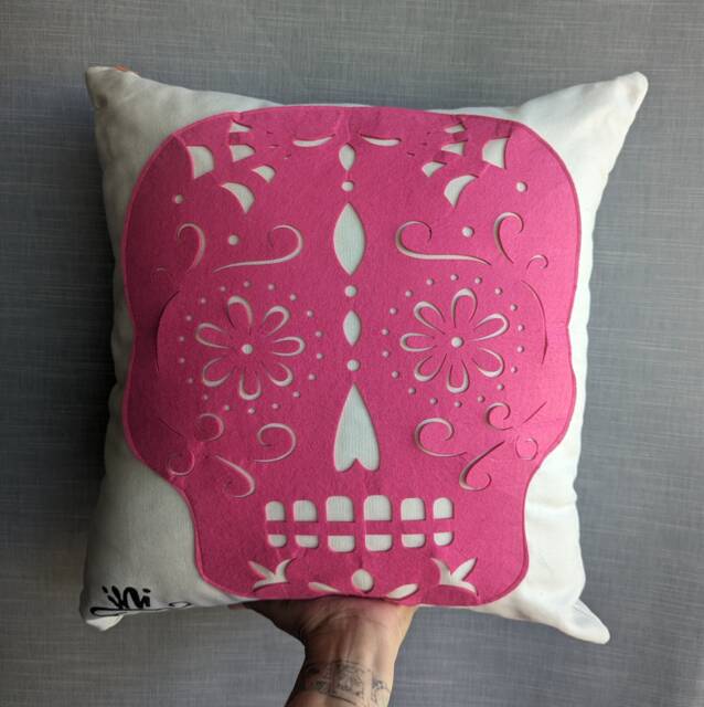 Sugar Skull Double Sided Hot Pink & Orange Felt Pillowcase. Hand Made Calaveras Decorative Pillow Cover - image 1