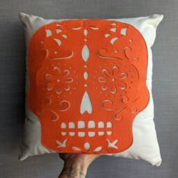 Sugar Skull Double Sided Hot Pink & Orange Felt Pillowcase. Hand Made Calaveras Decorative Pillow Cover - thumbnail 2