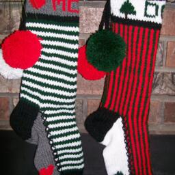 Hand Knit Christmas Stocking Personalized Dad Red Green Stripes Fir Tree Santa's Works - thumbnail 4