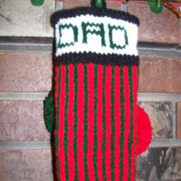 Hand Knit Christmas Stocking Personalized Dad Red Green Stripes Fir Tree Santa's Works - thumbnail 3
