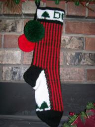 Hand Knit Christmas Stocking Personalized Dad Red Green Stripes Fir Tree Santa's Works