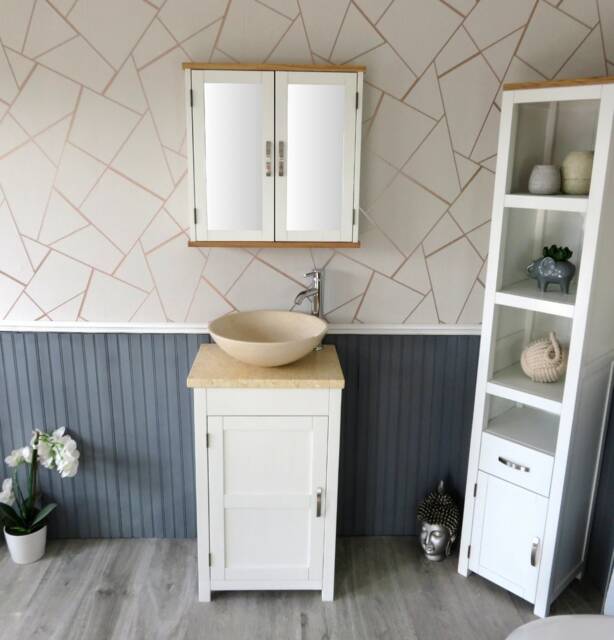 Cloakroom Bathroom Vanity Unit White Cream Marble Stone Wash Stand & Basin 308Pcm025cm - image 1