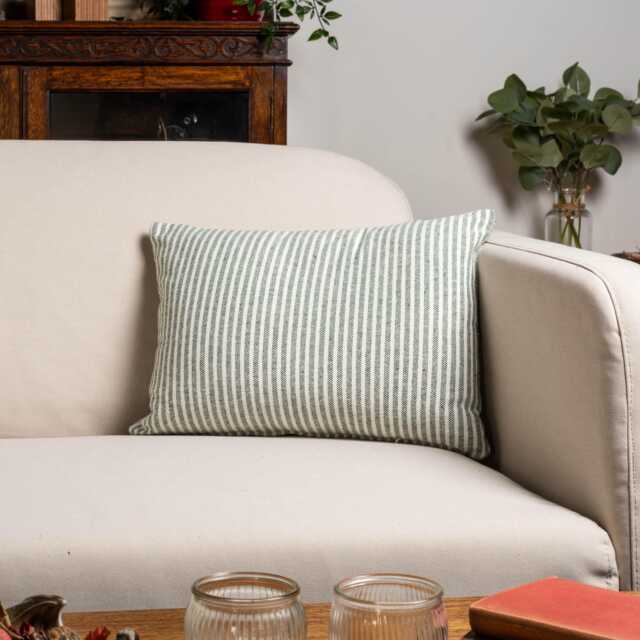Woven Ticking Stripe Boudoir Cushion Cover in Hunter Green Nautical Stripes, Modern Design. 17x12 - image 1