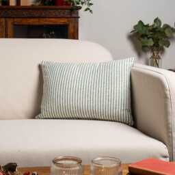 Woven Ticking Stripe Boudoir Cushion Cover in Hunter Green Nautical Stripes, Modern Design. 17x12 - thumbnail 1