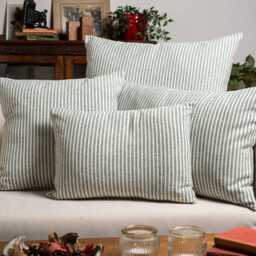 Woven Ticking Stripe Boudoir Cushion Cover in Hunter Green Nautical Stripes, Modern Design. 17x12 - thumbnail 3