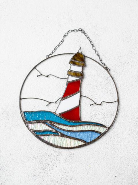stained Glass Suncatcher Lighthouse. Window Wall Hangings. Beacon Blue Home House Decor. Decorations Pike. Sun Catcher - image 1