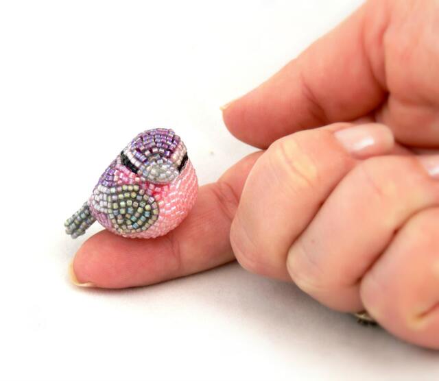 Pink Songbird Beaded Miniature Bird Figurine - image 1