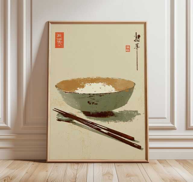 Japanese Rice Bowl Print, Minimalist Zen Wall Art, Wabi Sabi Kitchen Decor, Asian Still Life Poster, Neutral Home Artwork - image 1