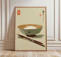 Japanese Rice Bowl Print, Minimalist Zen Wall Art, Wabi Sabi Kitchen Decor, Asian Still Life Poster, Neutral Home Artwork - thumbnail 1