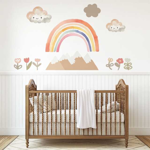 Rainbow Mountain Wall Decals Boho Nursery Stickers Neutral Decor Cloud Peel & Stick Kids Room - image 1