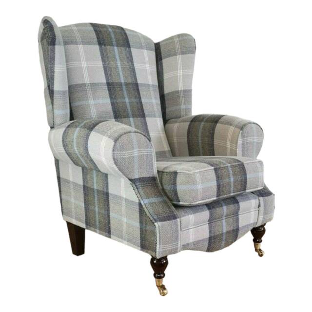 Queen Anne Wingback Fireside Chair Balmoral Tartan Fabric, Brass Castor Legs - image 1