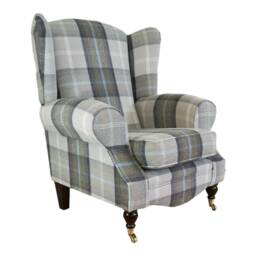 Queen Anne Wingback Fireside Chair Balmoral Tartan Fabric, Brass Castor Legs