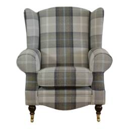 Queen Anne Wingback Fireside Chair Balmoral Tartan Fabric, Brass Castor Legs - thumbnail 2