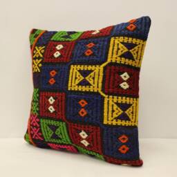 Handmade Turkish Kilim Pillow Cover Rustic Wool Sofa - 16x16 In - thumbnail 3