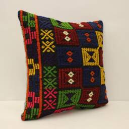 Handmade Turkish Kilim Pillow Cover Rustic Wool Sofa - 16x16 In - thumbnail 2