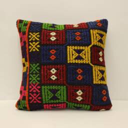 Handmade Turkish Kilim Pillow Cover Rustic Wool Sofa - 16x16 In - thumbnail 1