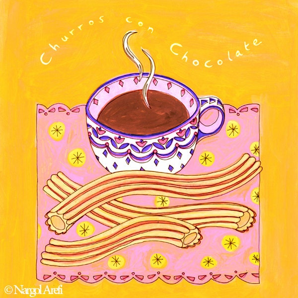 Kitchen Art, La Cocina Churros Con Chocolate, Pink & Orange, Housewarming Gift, Wall Spanish Dessert, Home Decor, Birthday Gift - image 1