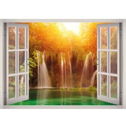 Waterfall Wall Decal - Sunset Lake View Art Waterfalls Forest 3D Window Landscape Nature Frame Decor - thumbnail 2