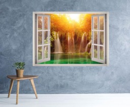Waterfall Wall Decal - Sunset Lake View Art Waterfalls Forest 3D Window Landscape Nature Frame Decor - thumbnail 1