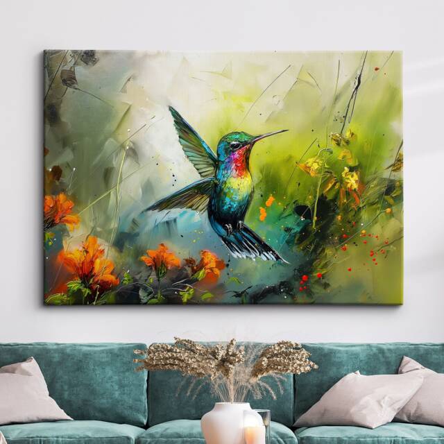 Hummingbird Abstract Bird Oil Painting Splatter Style Pet Animal Flying Wall Art Framed Canvas Poster Print Home/Office Room Decor Gifts - image 1