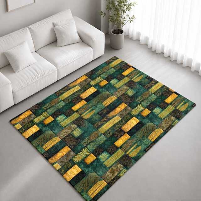 Green Gold Botanical Patchwork Quilt Rug Non-Slip Soft Area Carpet Bedroom Living Room Hallway Mat Decor - Made in UK - image 1