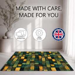Green Gold Botanical Patchwork Quilt Rug Non-Slip Soft Area Carpet Bedroom Living Room Hallway Mat Decor - Made in UK - thumbnail 2