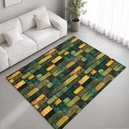Green Gold Botanical Patchwork Quilt Rug Non-Slip Soft Area Carpet Bedroom Living Room Hallway Mat Decor - Made in UK