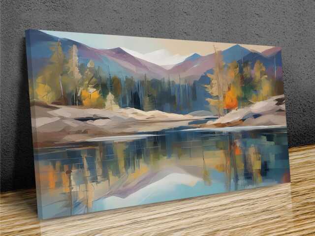 Lake Mountains Reflections Abstract Art , District, Panormic Wall Art, Mounted Canvas Print Ready To Hang - image 1