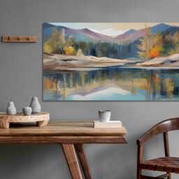 Lake Mountains Reflections Abstract Art , District, Panormic Wall Art, Mounted Canvas Print Ready To Hang - thumbnail 2