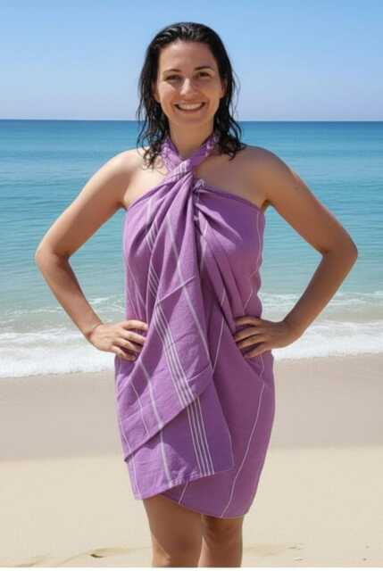 Handmade Turkish Cotton Peshtemal Towel Set Dark Lilac Bath & Hand - image 1