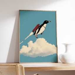 Penguin Wall Art Print, Whimsical Surreal Illustration, Flying Poster, Modern Pop Decor, Playful Contemporary Artwork - thumbnail 3