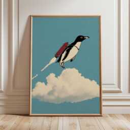 Penguin Wall Art Print, Whimsical Surreal Illustration, Flying Poster, Modern Pop Decor, Playful Contemporary Artwork - thumbnail 2