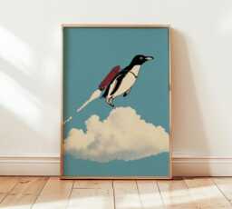 Penguin Wall Art Print, Whimsical Surreal Illustration, Flying Poster, Modern Pop Decor, Playful Contemporary Artwork - thumbnail 1