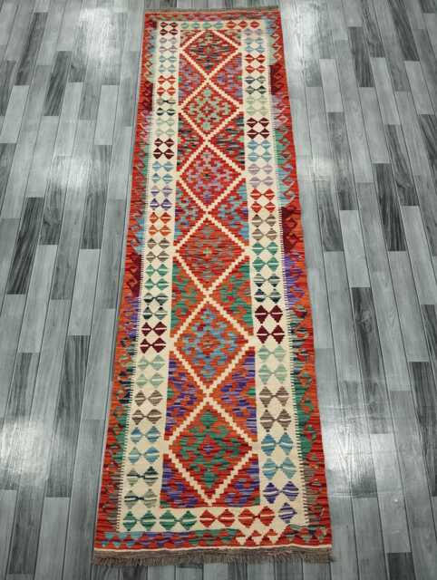 Tribal Runner Rug, Handmade Artisan Afghan Turkish Scandinavian Navajo Bohemian Flatweave Wool Kilim Rug 297x83 cm - image 1