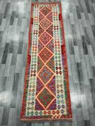 Tribal Runner Rug, Handmade Artisan Afghan Turkish Scandinavian Navajo Bohemian Flatweave Wool Kilim Rug 297x83 cm - thumbnail 1