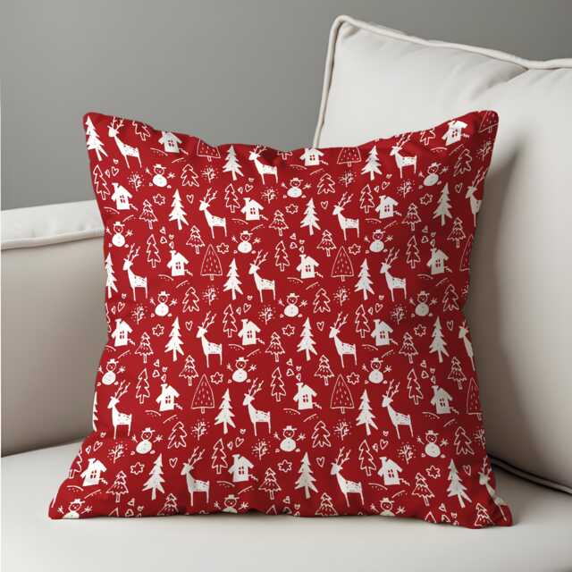 Scandi Red Christmas Cushion Cover, White Reindeer, Trees & Cabin Doodle Throw Pillowcase, Nordic Holiday Decor For Sofa Or Lounge - image 1