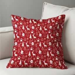 Scandi Red Christmas Cushion Cover, White Reindeer, Trees & Cabin Doodle Throw Pillowcase, Nordic Holiday Decor For Sofa Or Lounge