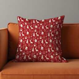 Scandi Red Christmas Cushion Cover, White Reindeer, Trees & Cabin Doodle Throw Pillowcase, Nordic Holiday Decor For Sofa Or Lounge - thumbnail 4