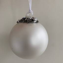 Matt Silver Bauble Glass Christmas Tree Decoration With Beading - 8cm - Festive Winter Minimal Grey Classy Urban Modern Glitz Glam Mono - thumbnail 2