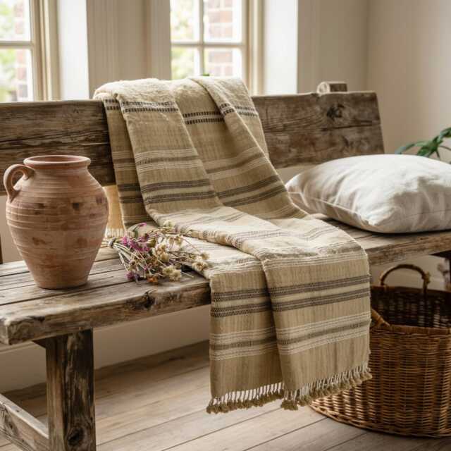 Beige Tan Indian Wool Throw Blanket, Handwoven Sofa Coverlet With Calm Neutral Bed Layer - Opal - image 1