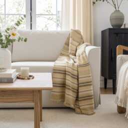 Beige Tan Indian Wool Throw Blanket, Handwoven Sofa Coverlet With Calm Neutral Bed Layer - Opal - thumbnail 3