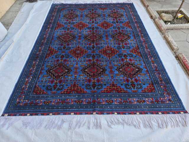 Royal Blue Tribal Afghan Handmade Rug 8??11 Ft Wool Geometric Oriental Area Carpet - image 1