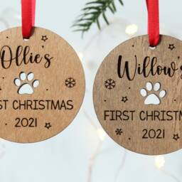Dog's First Christmas Personalised Bauble Pet Lover Xmas Gift Puppy's 1st Wooden Tree Decor - thumbnail 2