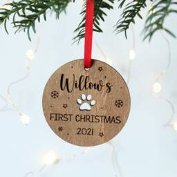 Dog's First Christmas Personalised Bauble Pet Lover Xmas Gift Puppy's 1st Wooden Tree Decor - thumbnail 3
