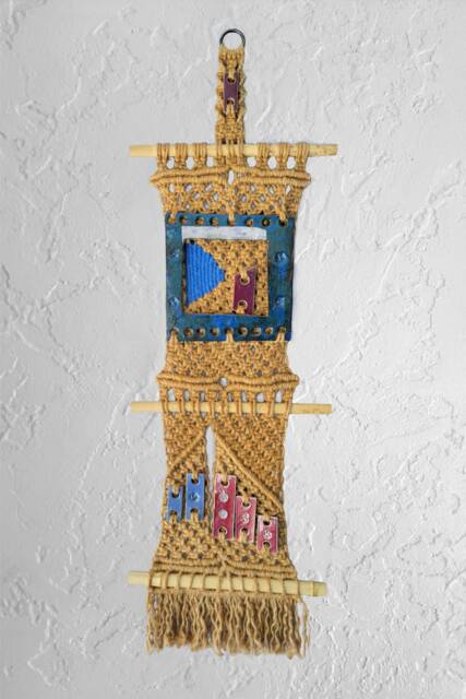 Macram??. Wall Hanging, Jute, Bamboo, Ceramics, Weaving, Rustic, Retro, Tan, Red, Blue. Square