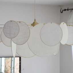 Large Pendant Light With 16 Linen & Brass Rings - Designer Chandelier Kinetic Mobile Handcrafted - thumbnail 3