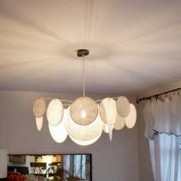 Large Pendant Light With 16 Linen & Brass Rings - Designer Chandelier Kinetic Mobile Handcrafted - thumbnail 4