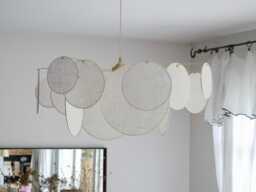 Large Pendant Light With 16 Linen & Brass Rings - Designer Chandelier Kinetic Mobile Handcrafted